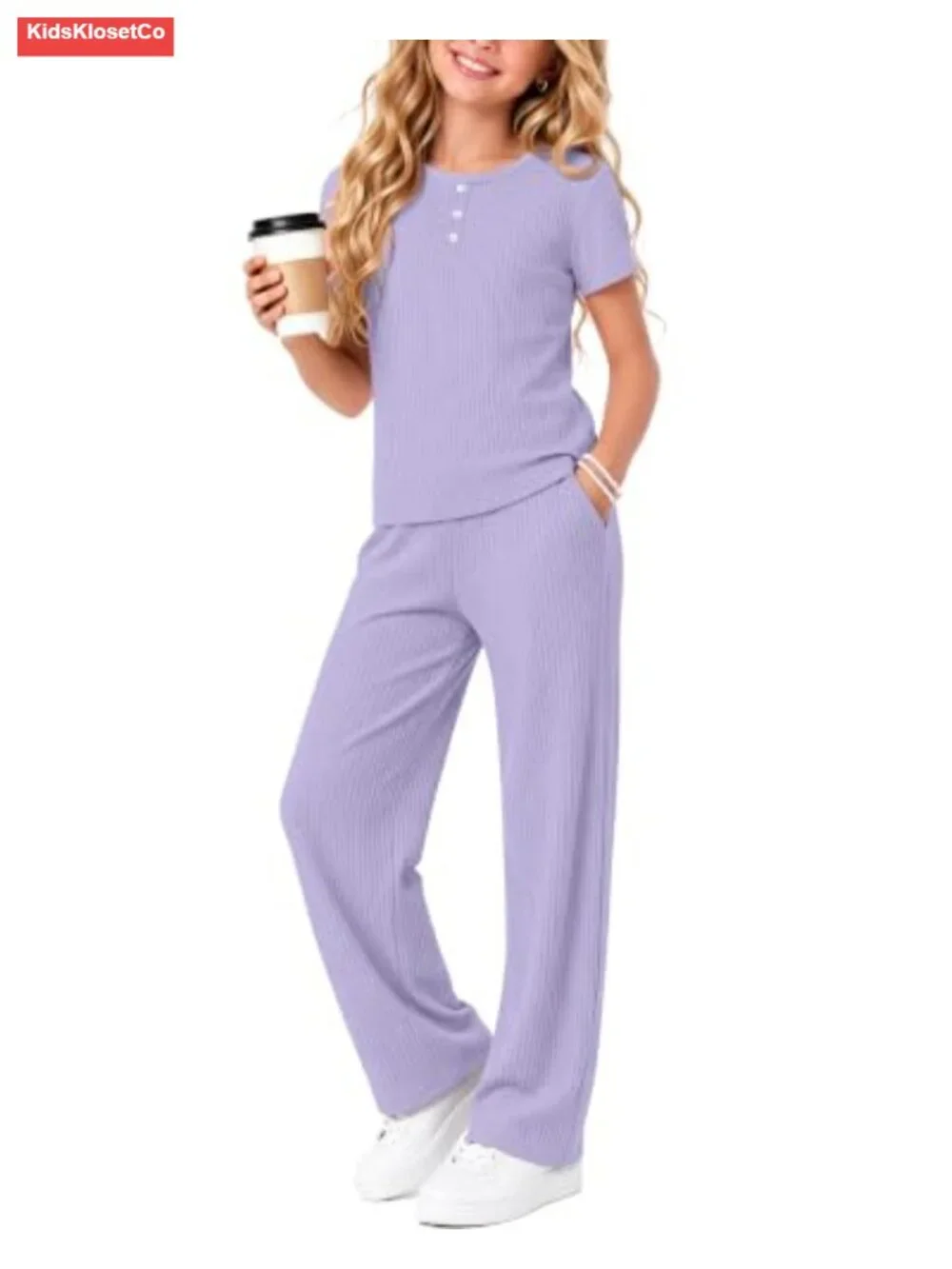 Girls 2 Piece Cotton Outfit Set Short Sleeve Henley Top Pants Ribbed Casual